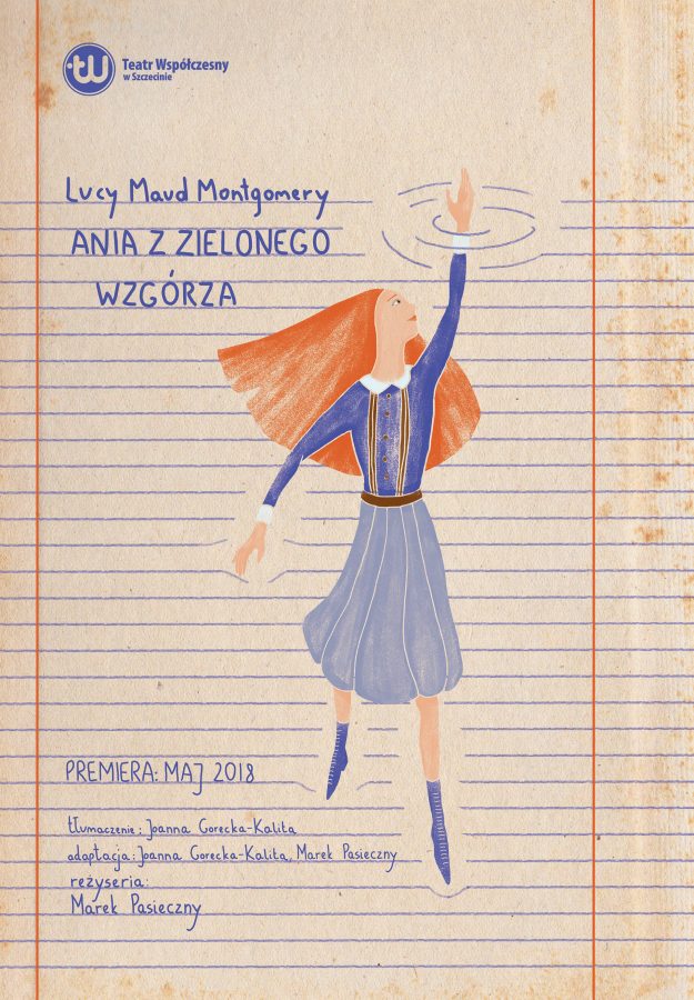 Plakat do spektaklu - graficzne przedstawienie dziewczyny w rudych włosach i niebieskiej sukience. Dziewczynka nurkuje w liniach szkolnego zeszytu. 