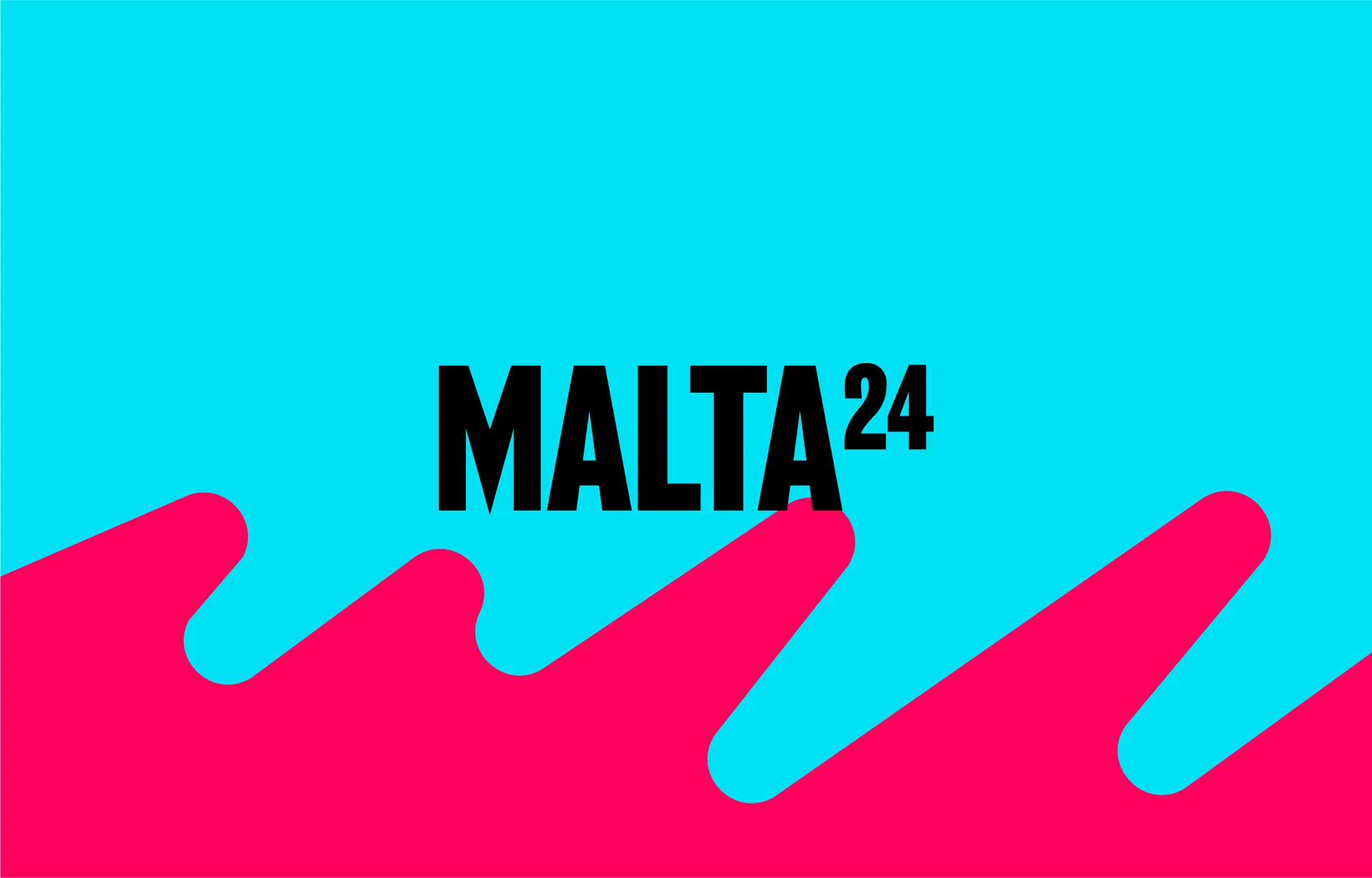 Czarny napis "Malta 24" na niebieskim tle. Na dole grafiki czerwona fala.