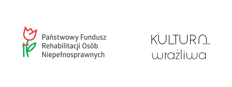 Dwa logotypy: Państwowy Fundusz Rehabilitacji Osób Niepełnosprawnych (logo z czerwonym tulipanem), oraz logo-napis Kultura wrażliwa 