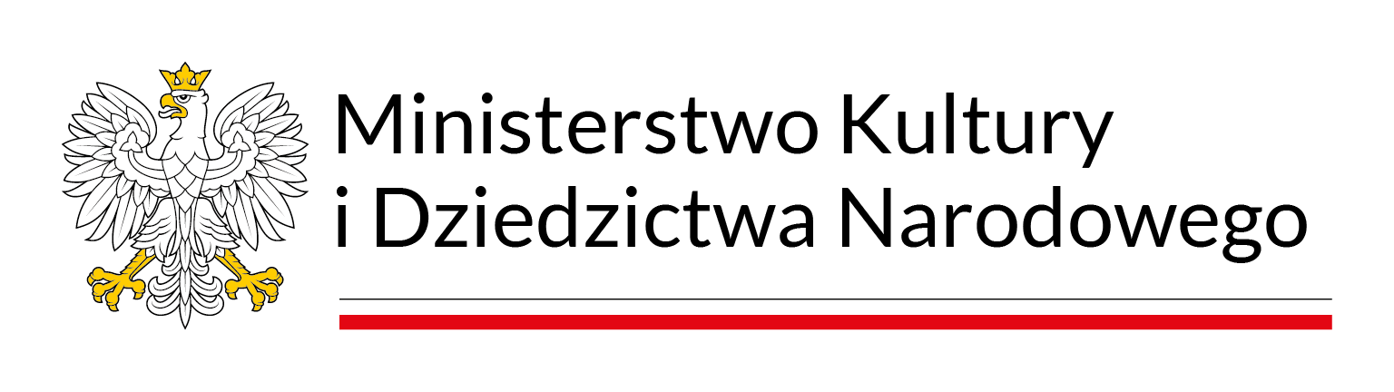 Logo Ministerstwa Kultury i dziedzictwa Narodowego. Czarny napis podkreślony flagą Polski. Z lewej strony godło - biały orzeł w koronie.
