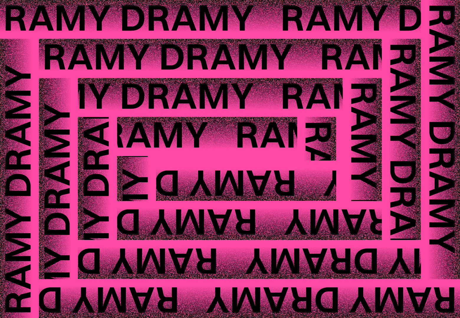 Grafika. Neonowe różowe tło. Czarne napisy w koło: Ramy Dramy.