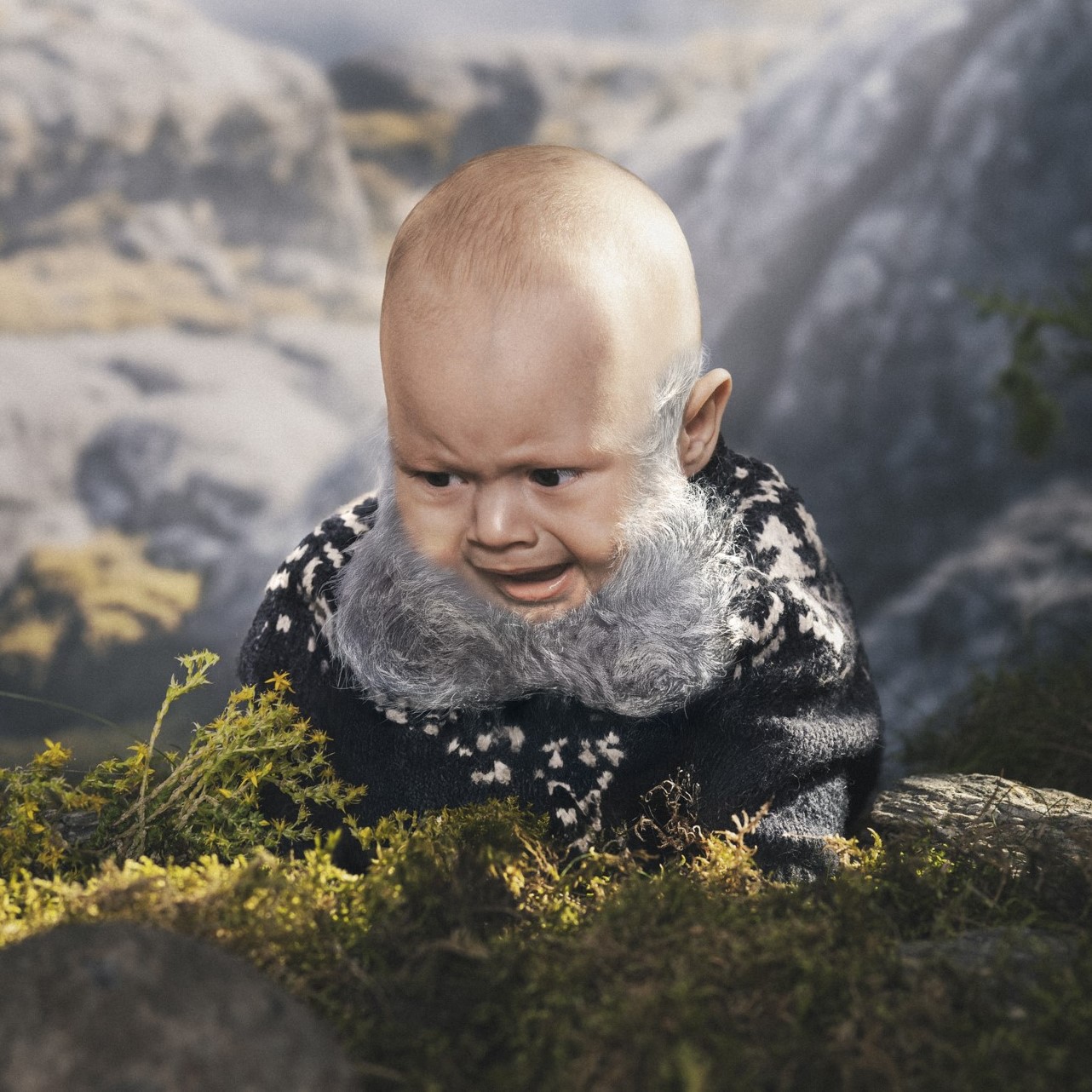 Na tle norweskich fiordów bobas w swetrze z doczepianą brodą. Ma zasmuconą albo zezłoszczoną minę. 