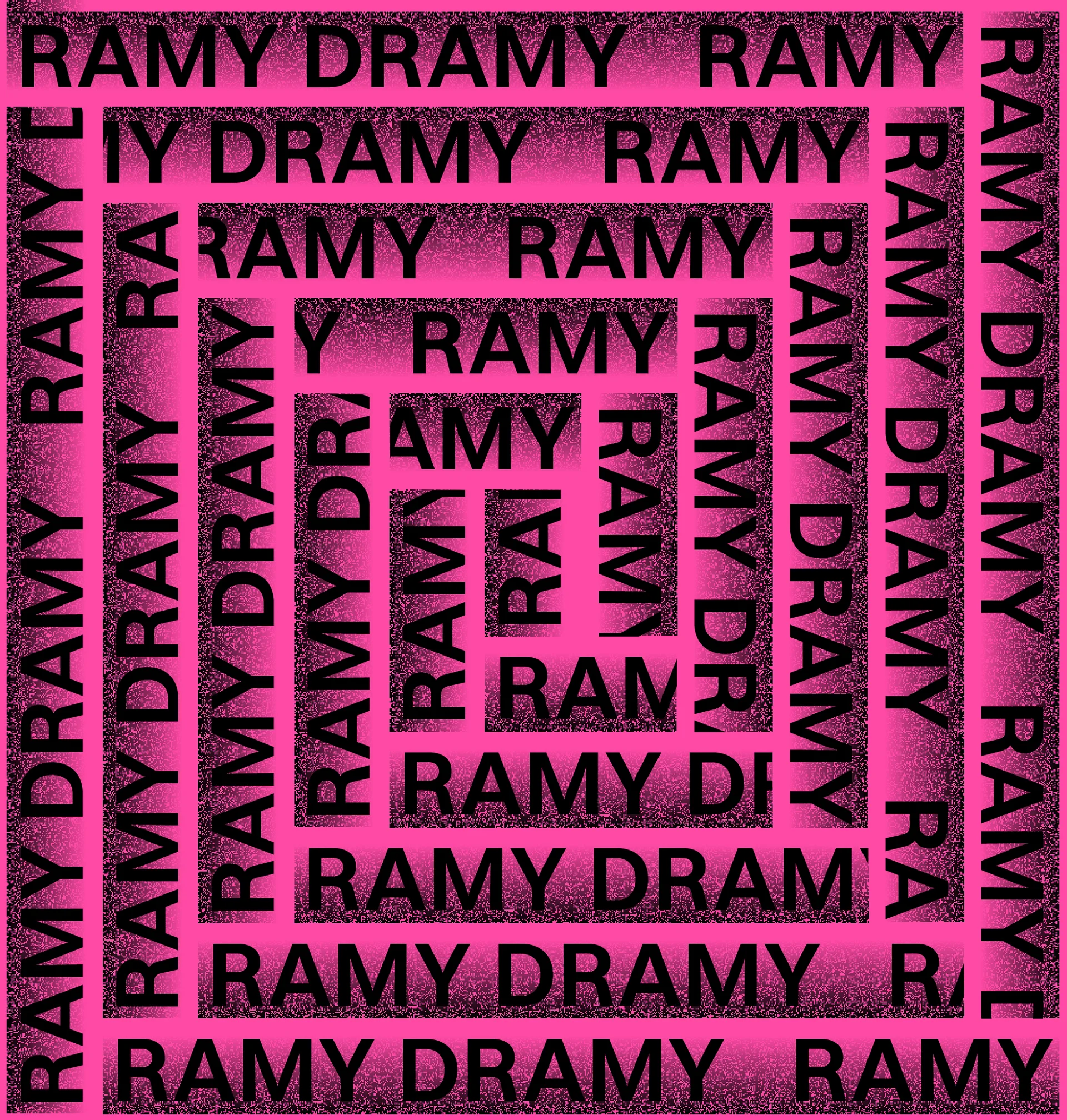 Różowa grafika z napisami Ramy Dramy. Napisy ułożone w kwadrat.
