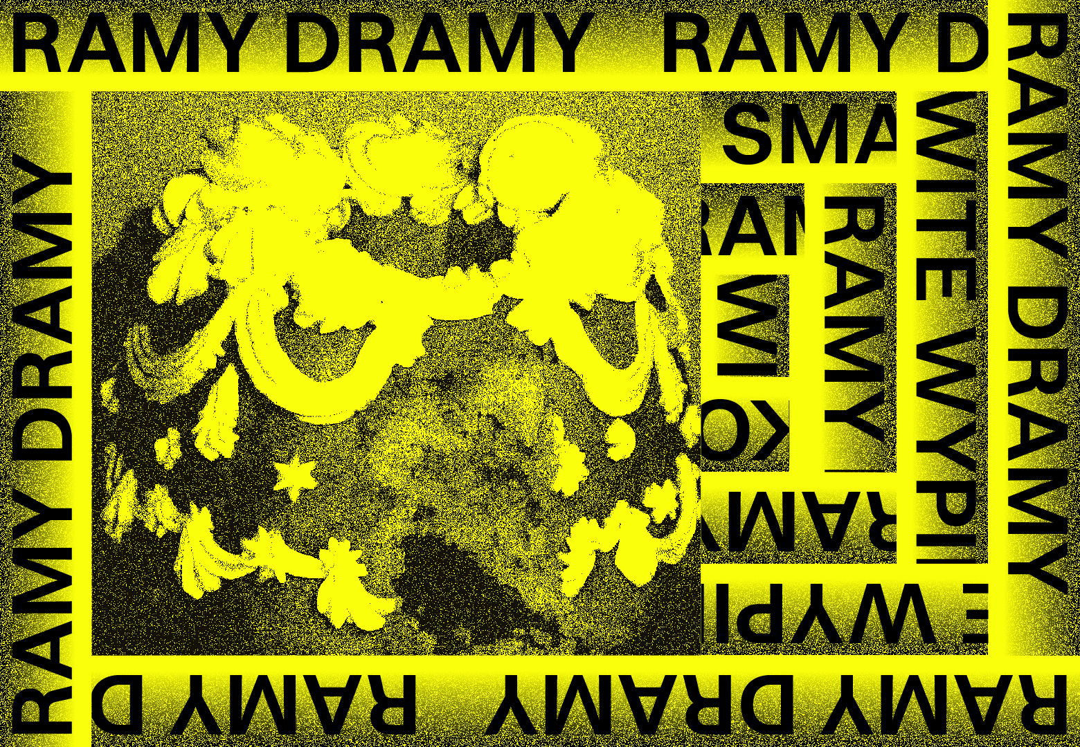 Żółta neonowa grafika z napisami RAMY DRAMY. Z lewej strony zdjęcie ugryzionej babki piaskowej udekorowanej bitą śmietaną. 
