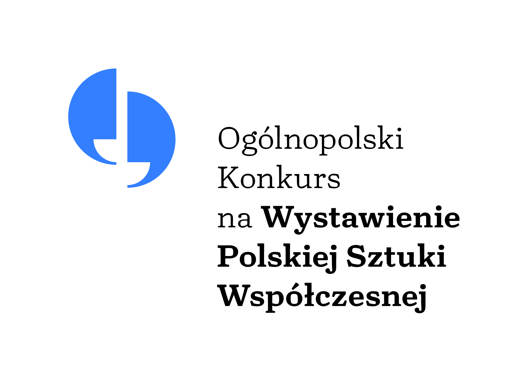 Logo Ogólnopolskiego Konkursu na Wystawienie Polskiej Sztuki Współczesnej. Napis i niebieskie znaczki cudzysłowu