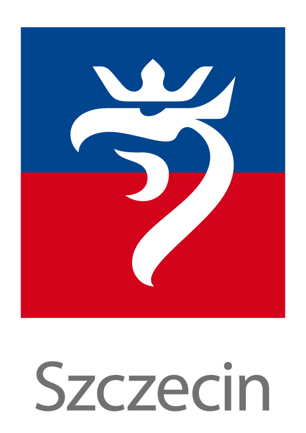 Logo miasta. Napis Szczecin, a nad nim niebiesko-czerwony kwadrat, a w nim biały zarys głowy gryfa w koronie