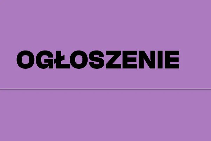 fioletowa grafika z napisem ogłoszenie