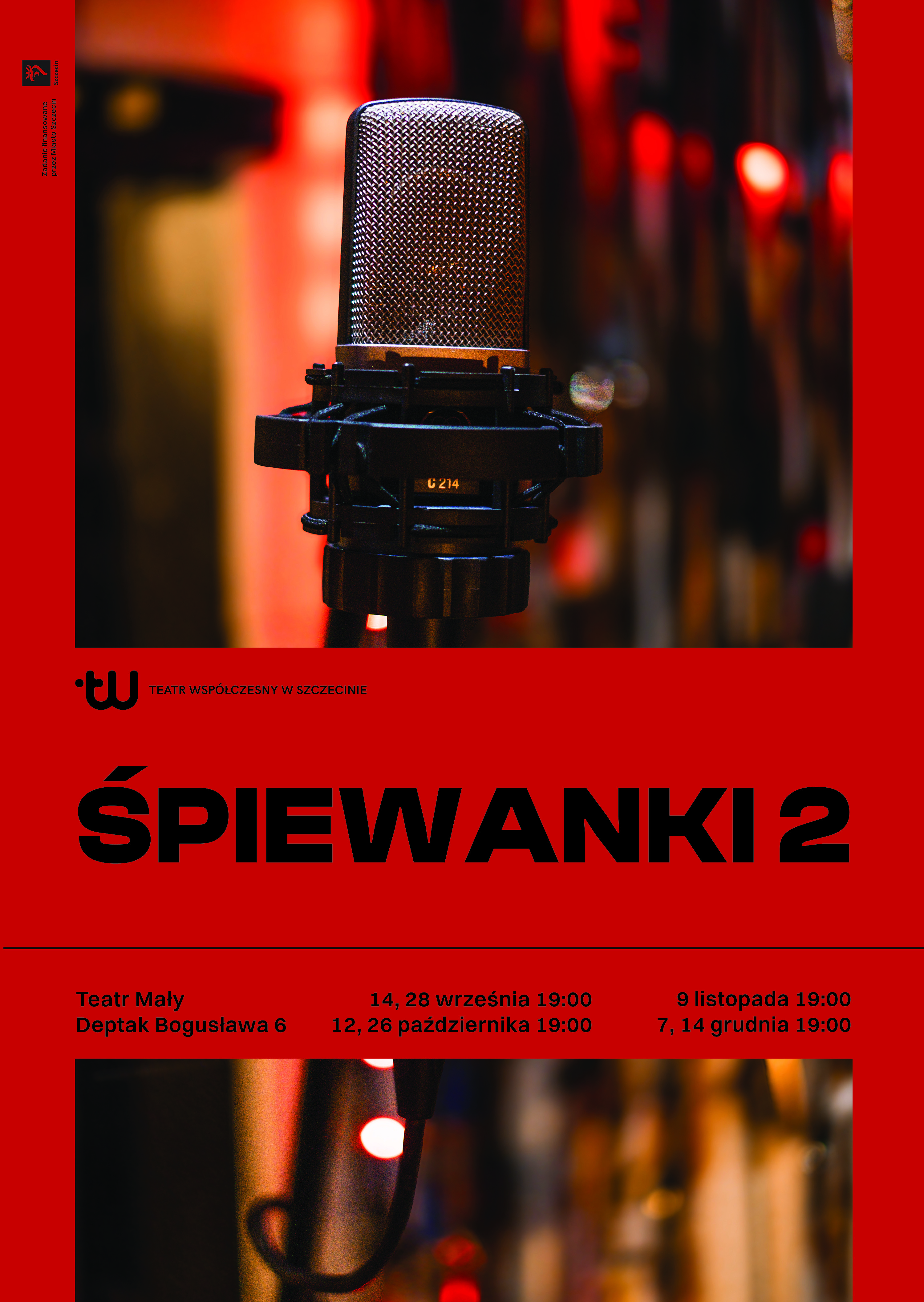 Plakat do projektu Śpiewanki. Krwistoczerwona ramka, w środku zdjęcie starego mikrofonu.